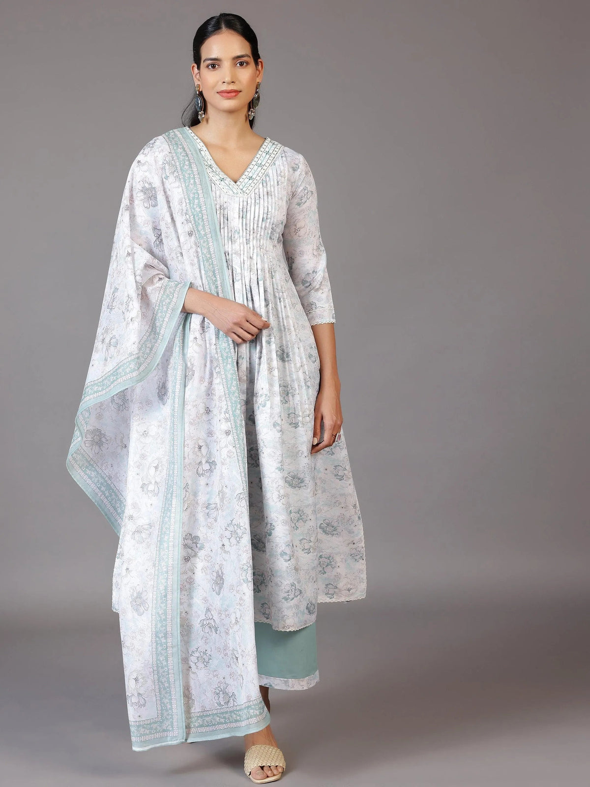 Anouk Off White Printed Cotton Blend A-Line Kurta With Palazzos & Dupatta