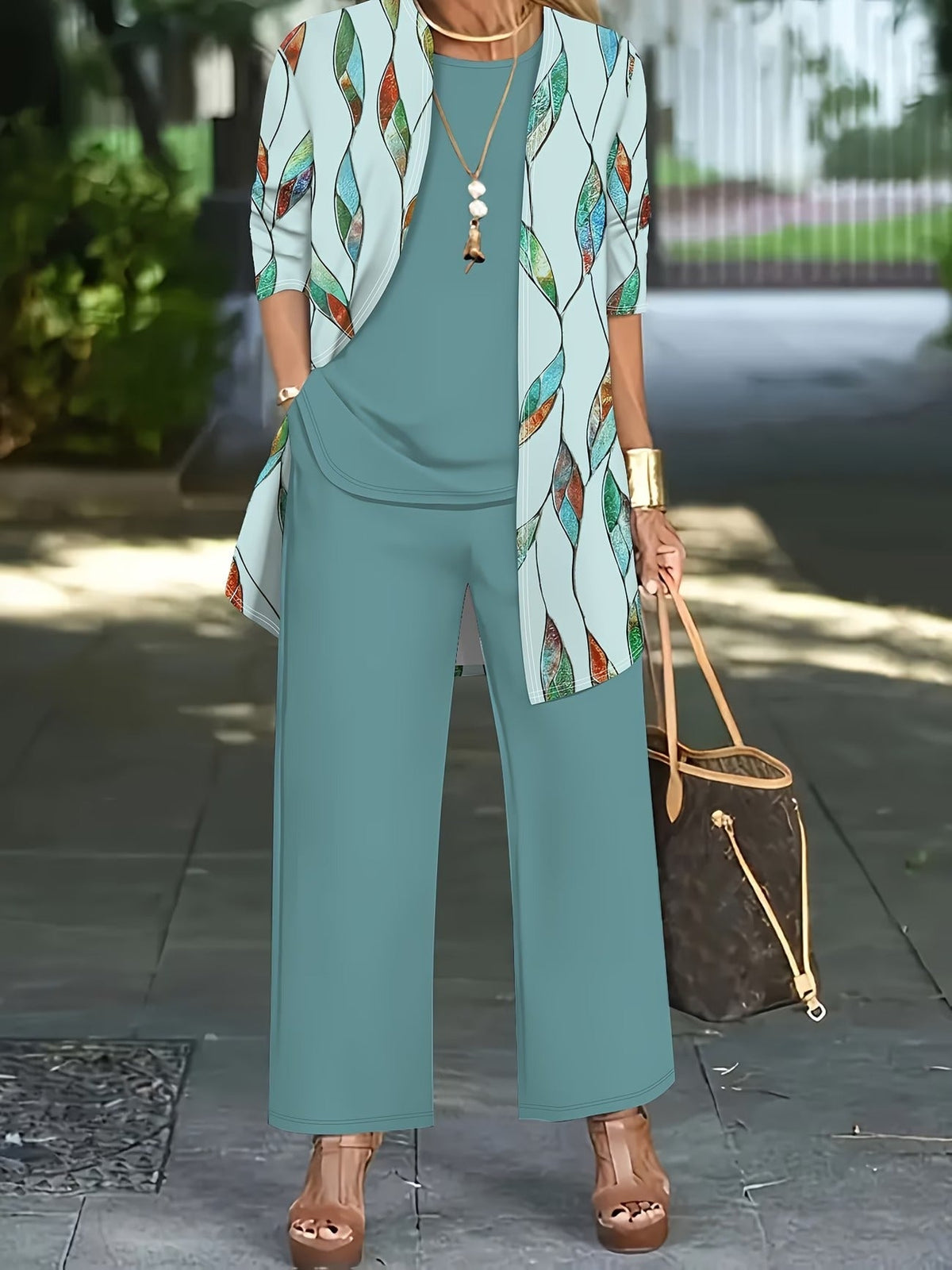 Women’s Stylish 3-Piece Set – Solid Cardigan, Casual Vest & Printed Palazzo Pants