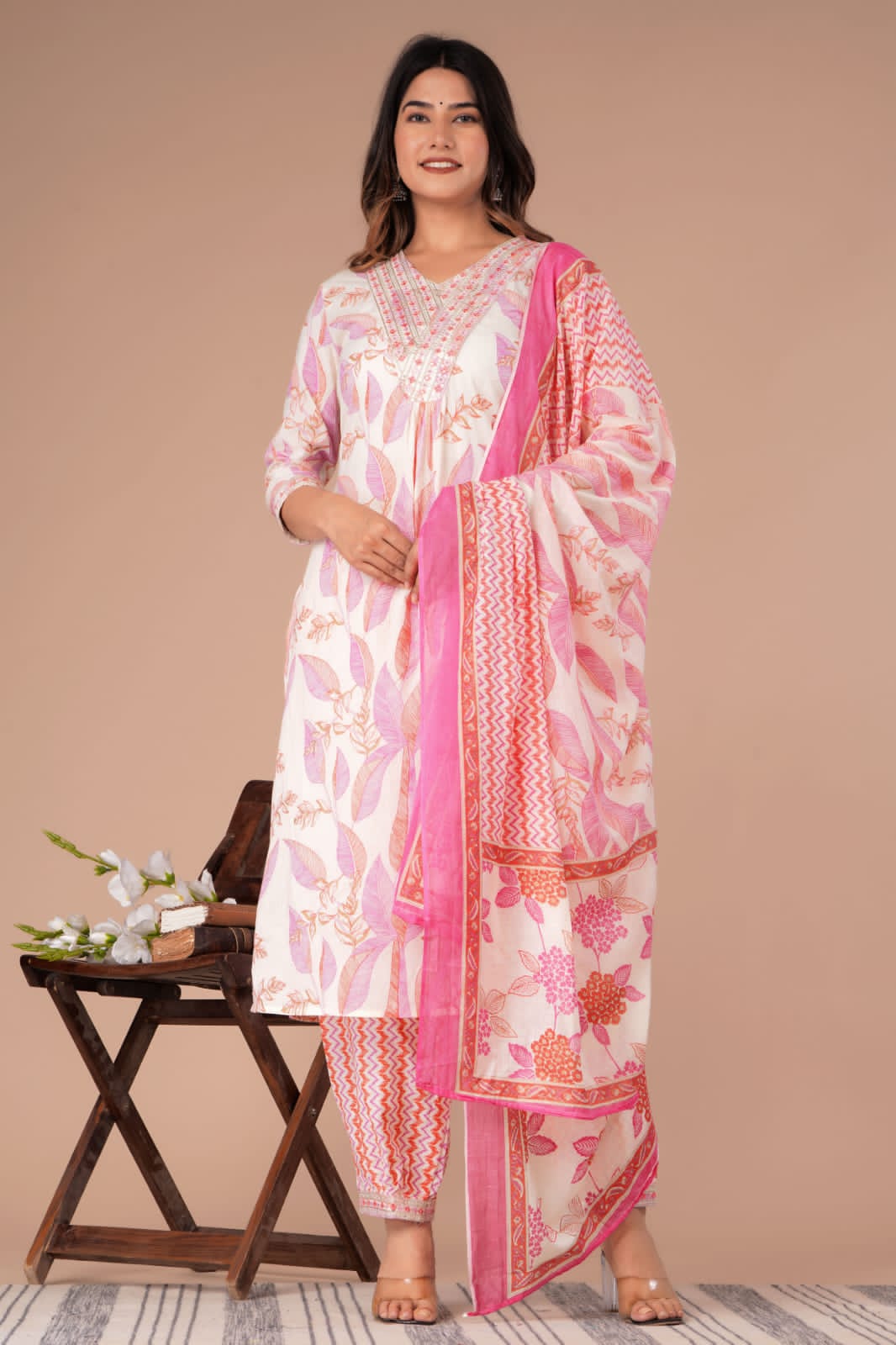Pink Floral Afghani Suit Set with Embroidery on Neck