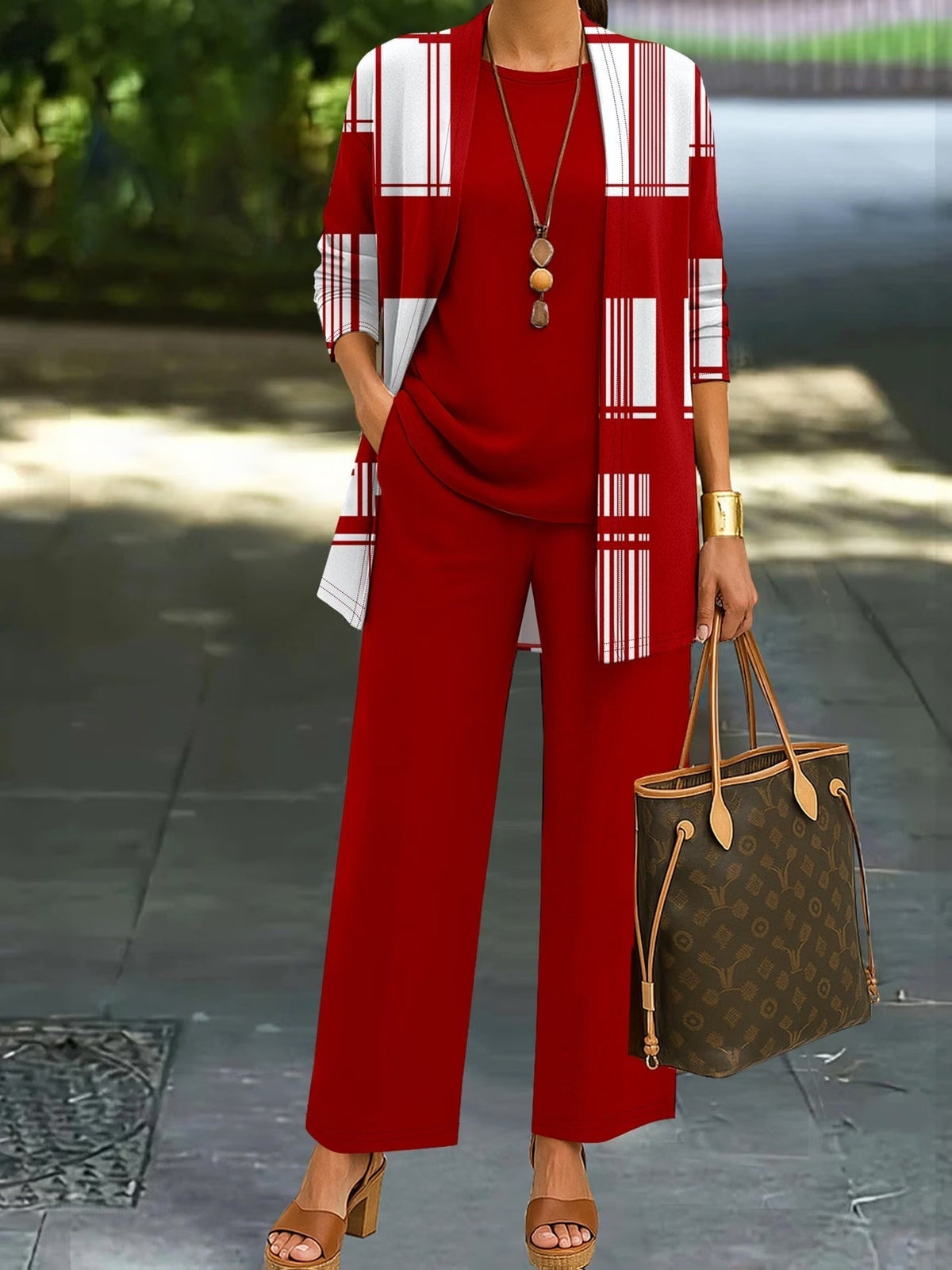 Women’s Stylish 3-Piece Set – Solid Cardigan, Casual Vest & Printed Palazzo Pants