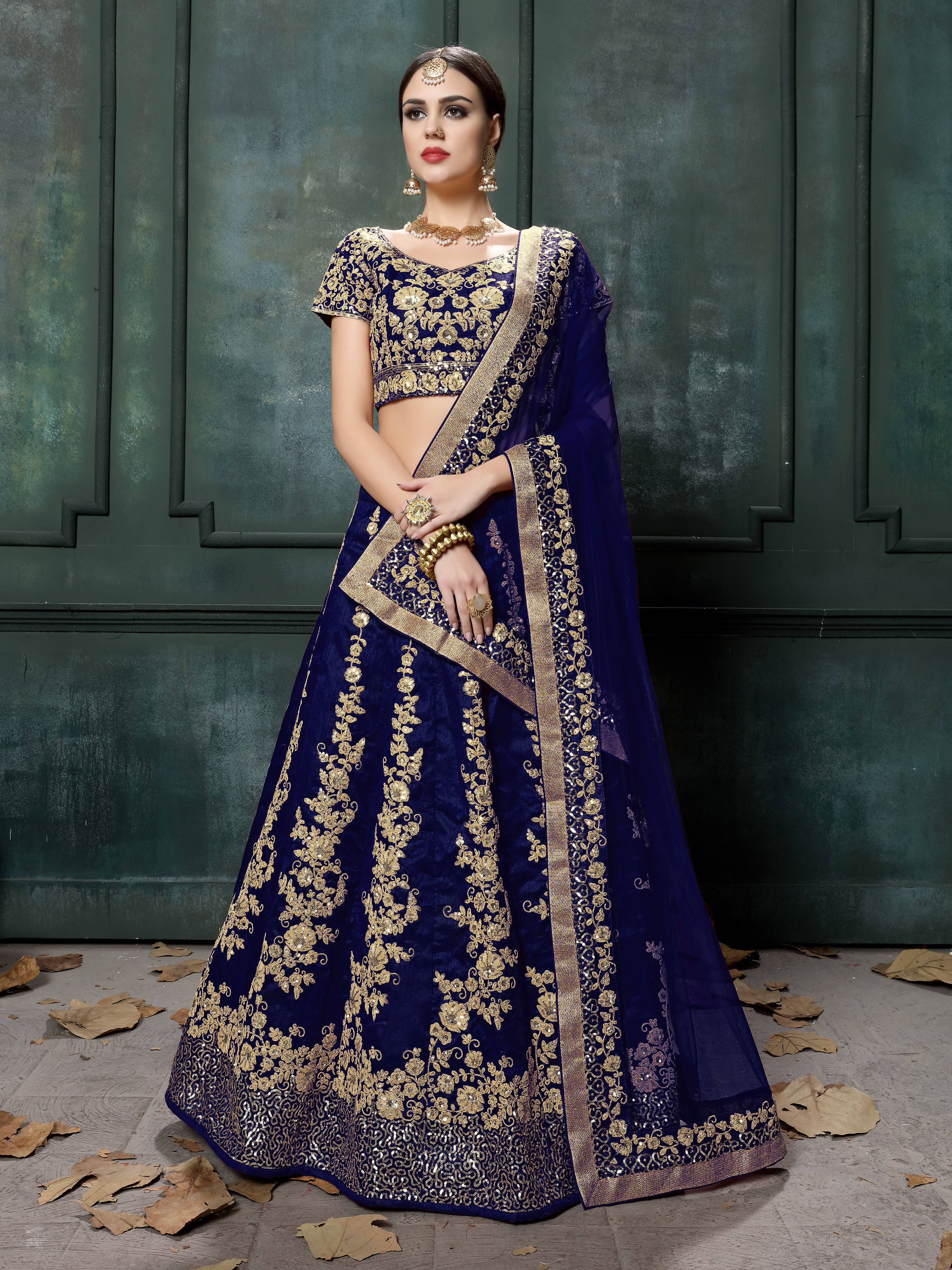 Impressive Navy Blue Colored Designer Partywear Raw Silk Lehenga Choli