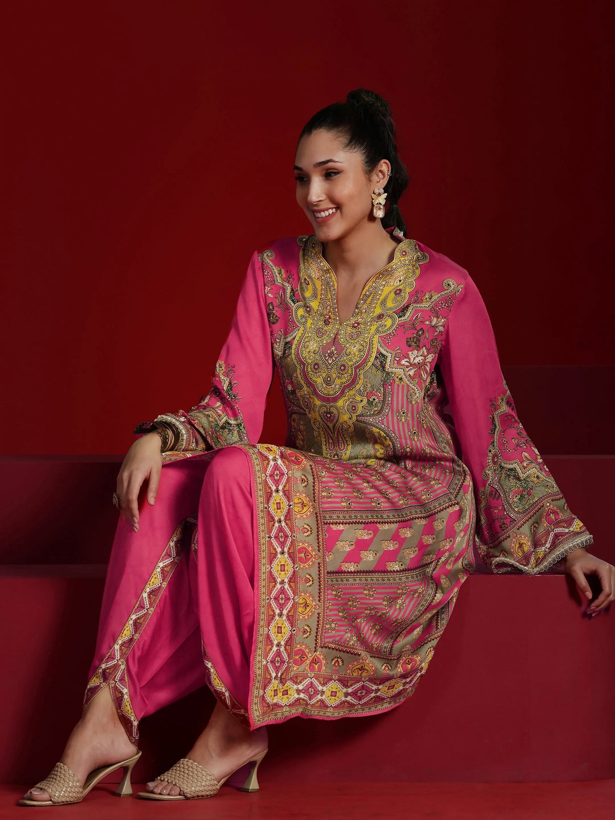 Anouk Art Coral Printed Silk Blend Straight Kurta Dhoti Pants