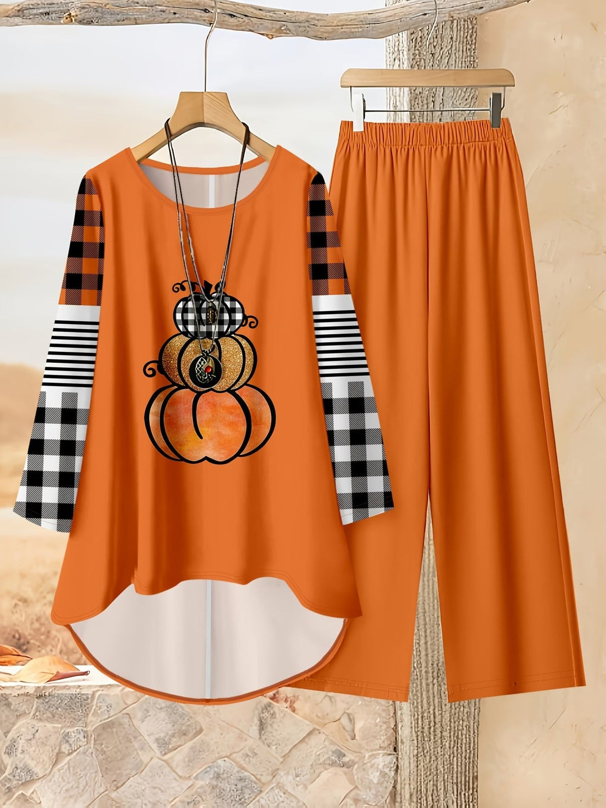 Loose Fit Irregular Print High-Low Hem Top with Solid Pants – Women’s Casual Two-Piece Outfit