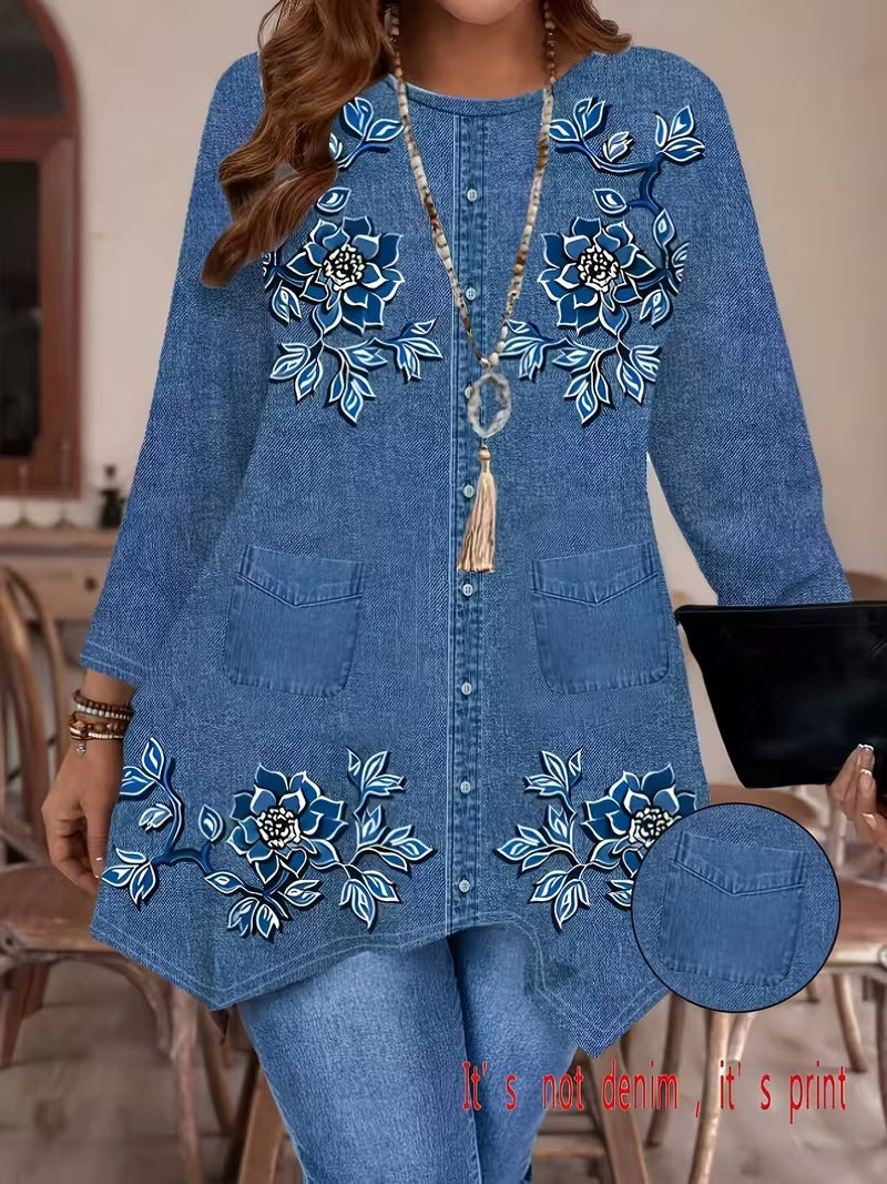 Women’s Plus Size Printed Long Sleeve Top & Stretchy Pants Set – Imitation Denim Look