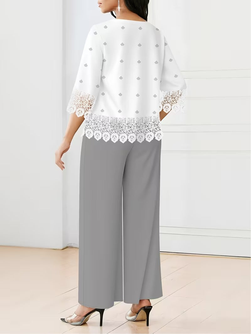 Chic Polka Dot Lace Co-Ord Set – Elegant Round Neck Top with Relaxed Fit Solid Trousers