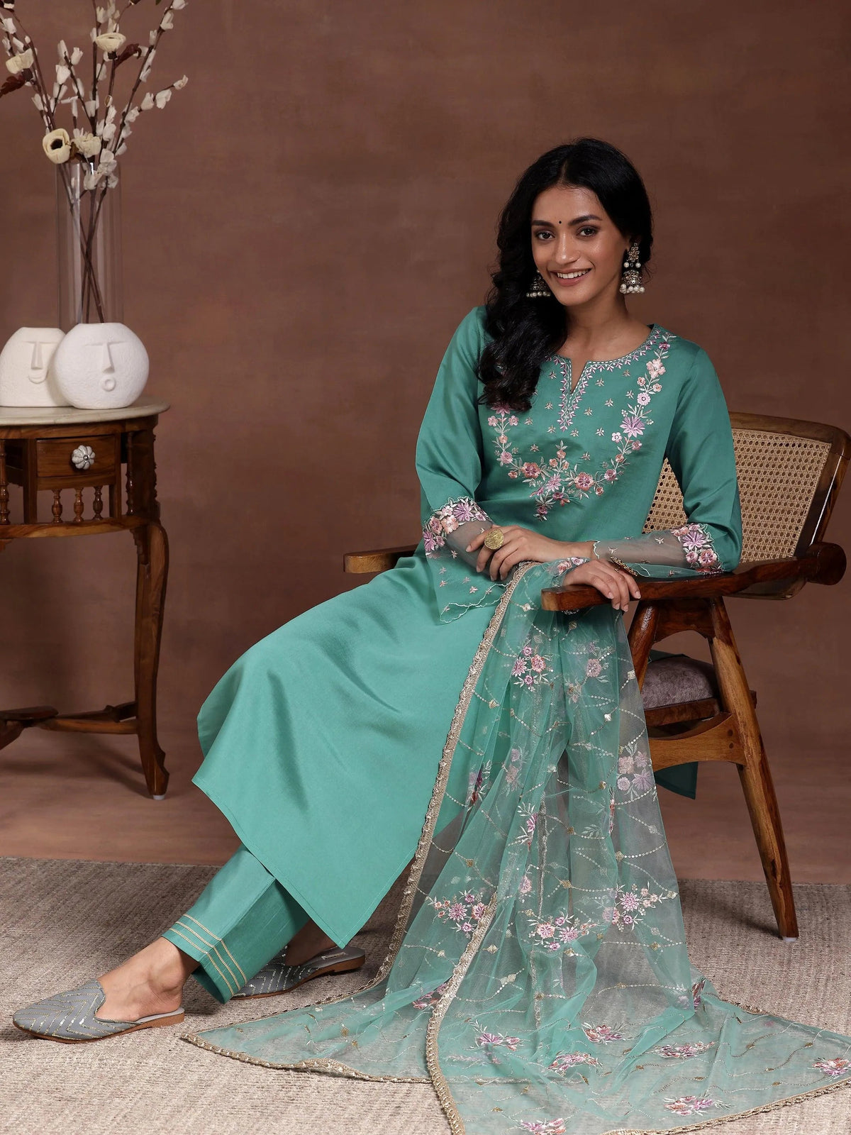Anouk Green Yoke Design Silk Blend Straight Suit With Dupatta