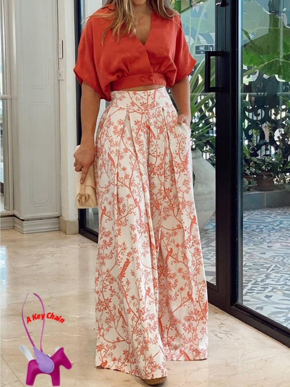 Elegant Printed Wide-Leg Pants Set – V-Neck Shirt Top Stylish Women’s Spring Casual Outfit