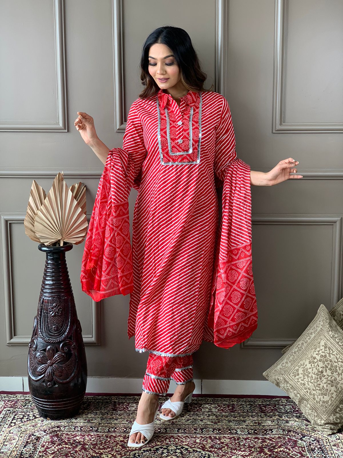 Cotton Kurta Set with Lace Adorned Yoke and Afghani Pant