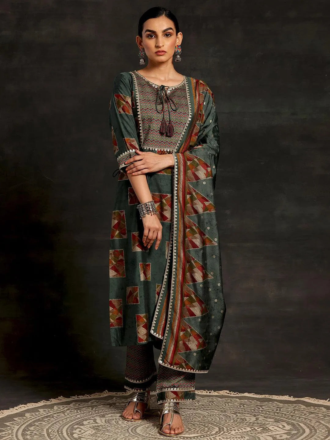 Anouk Green Printed Silk Blend Straight Suit With Dupatta