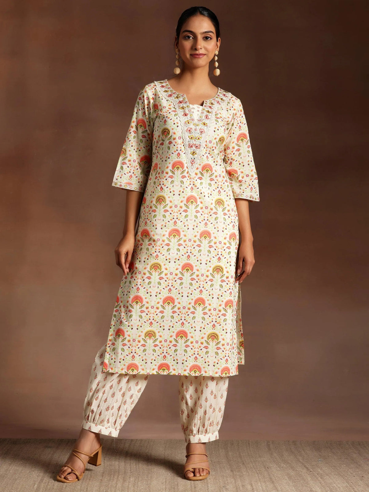 Anouk Off White Printed Cotton Straight Kurta Set