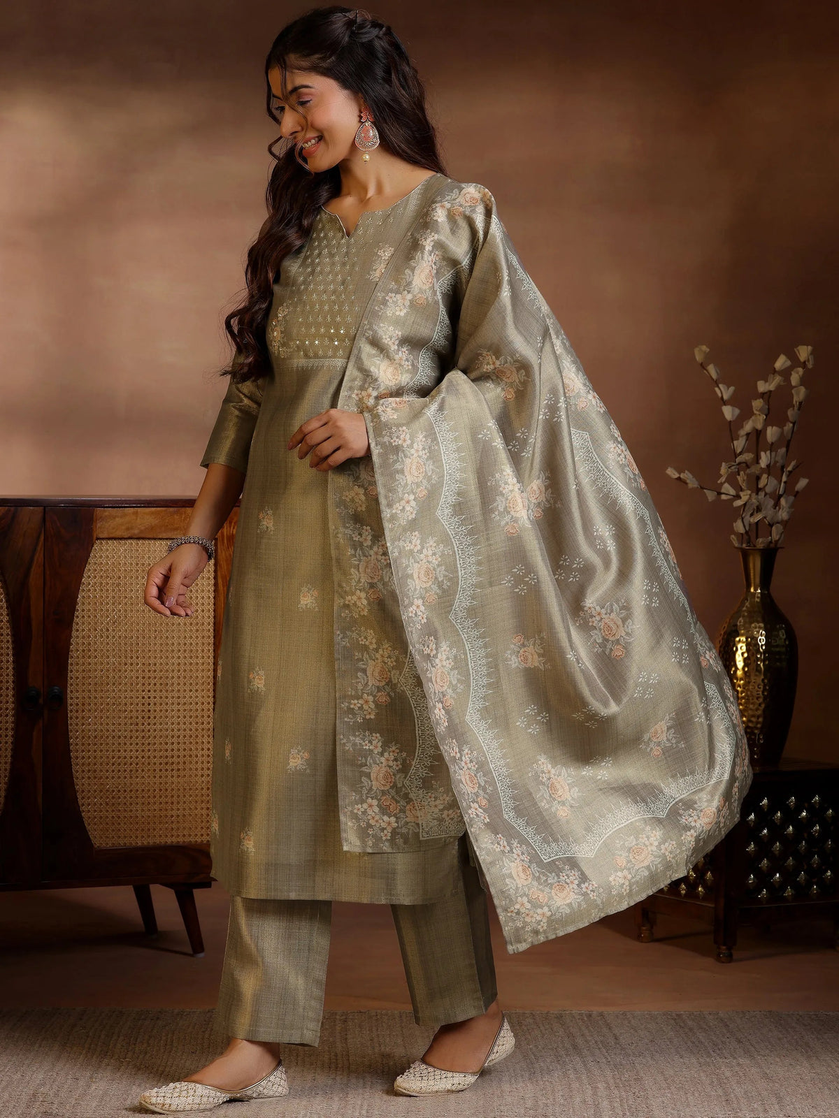 Anouk Brown Printed Silk Straight Suit With Dupatta
