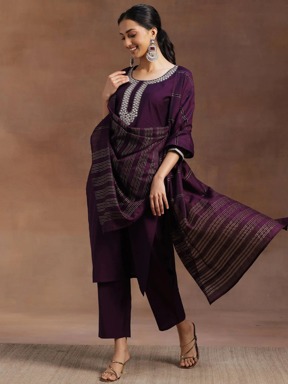 Anouk Purple Embroidered Silk Blend Straight Suit With Dupatta