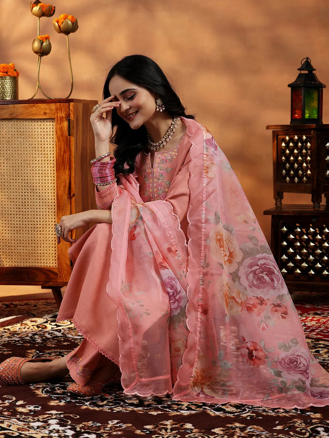 Anouk Peach Yoke Design Silk Blend Straight Suit With Dupatta