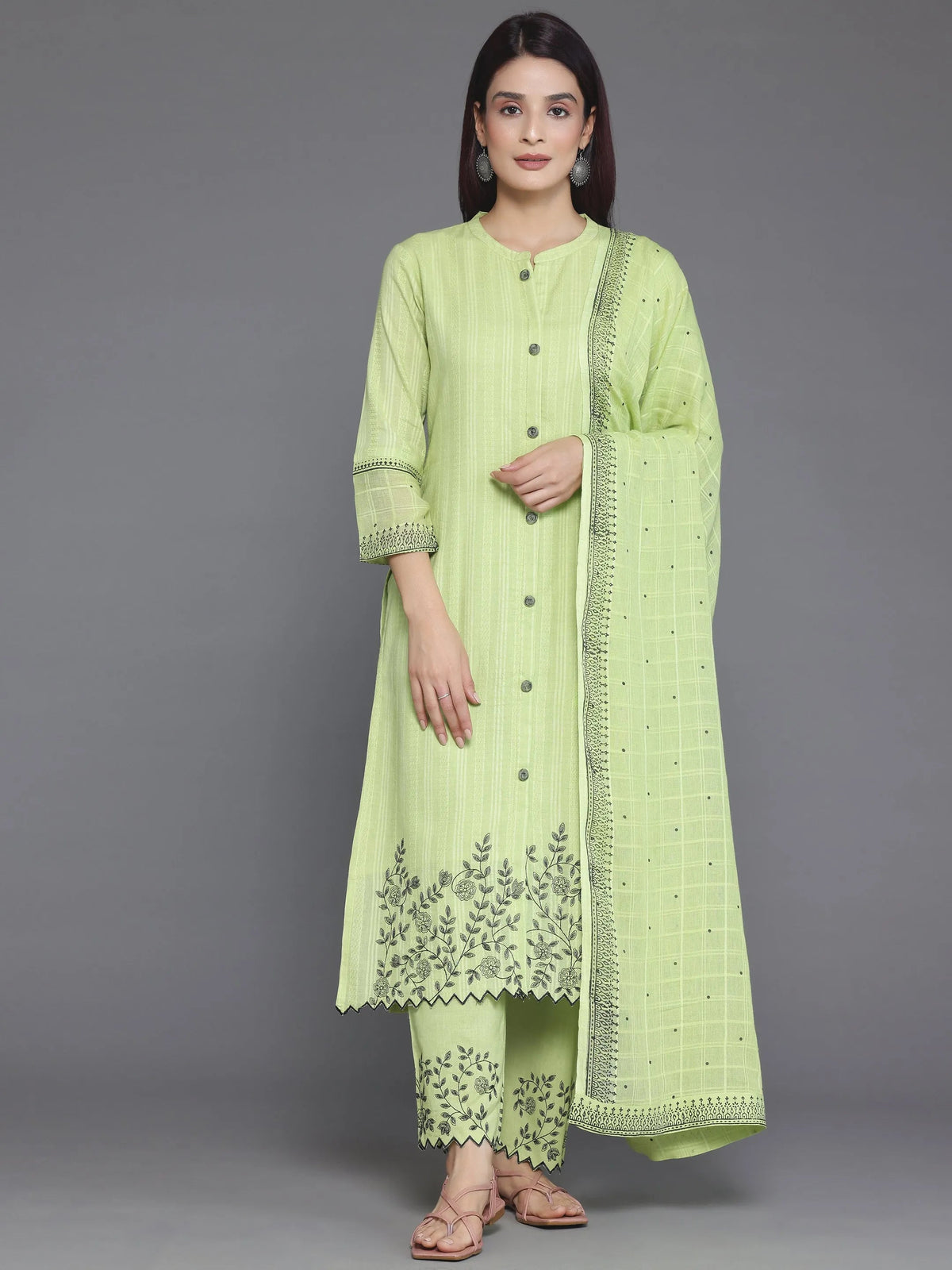 Anouk Green Woven Design Cotton Straight Suit With Dupatta