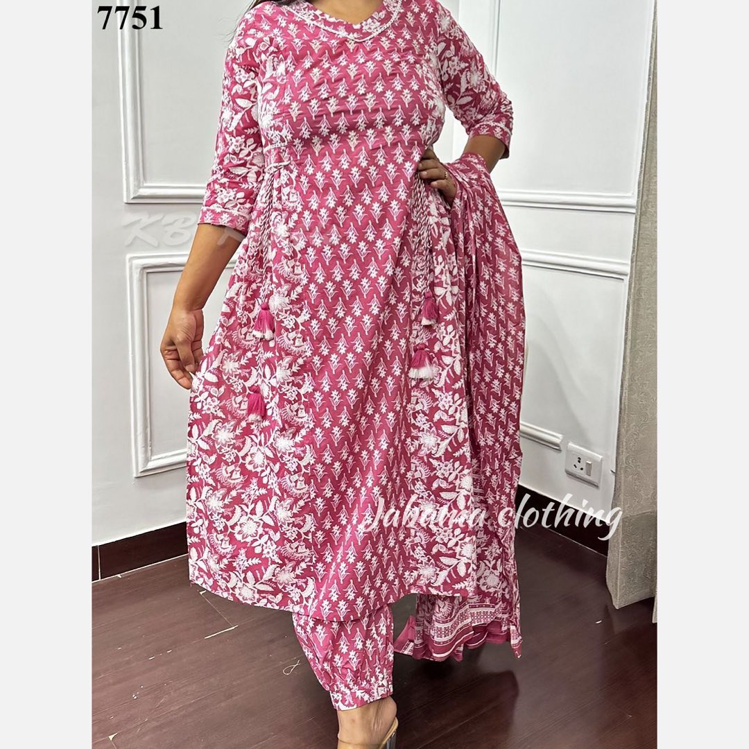 Floral Afghani Suit Set with Side Waist Tassels