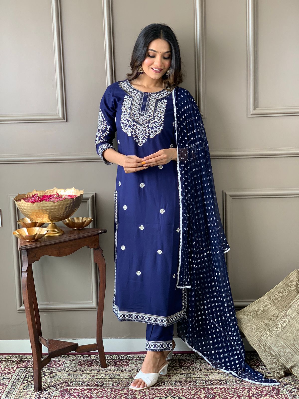Navy Blue Embroidered Rayon Kurta Set with Pant and Dupatta