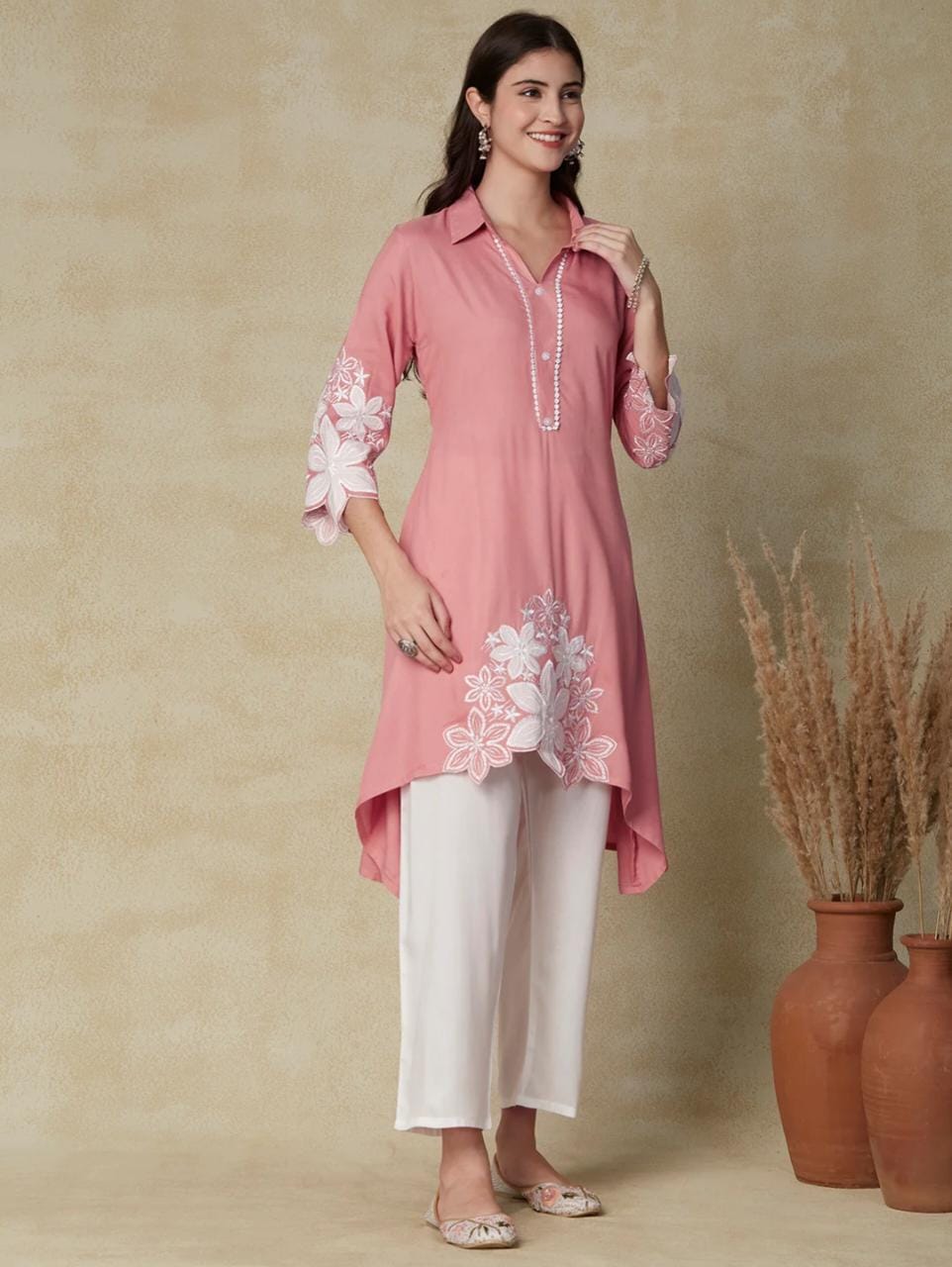 Rayon Kurti Set with Hand Embroidery and Lace Detailing