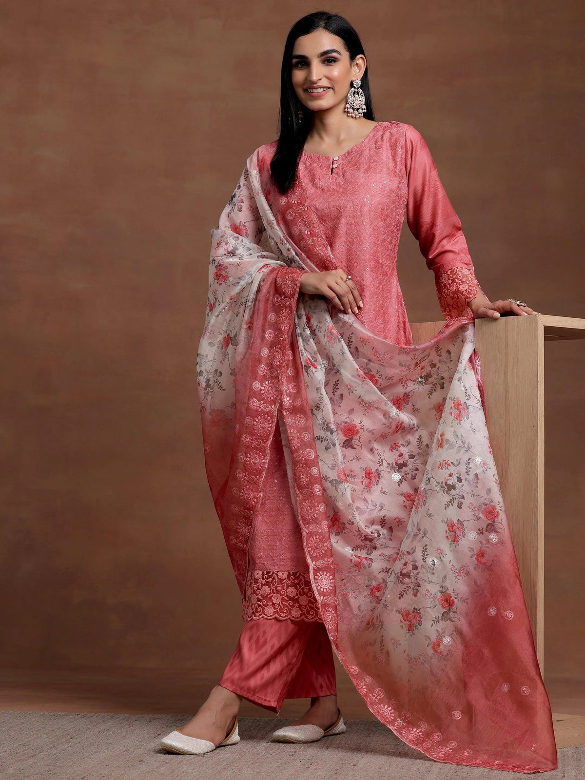 Anouk Peach Embroidered Silk Blend Straight Suit With Dupatta