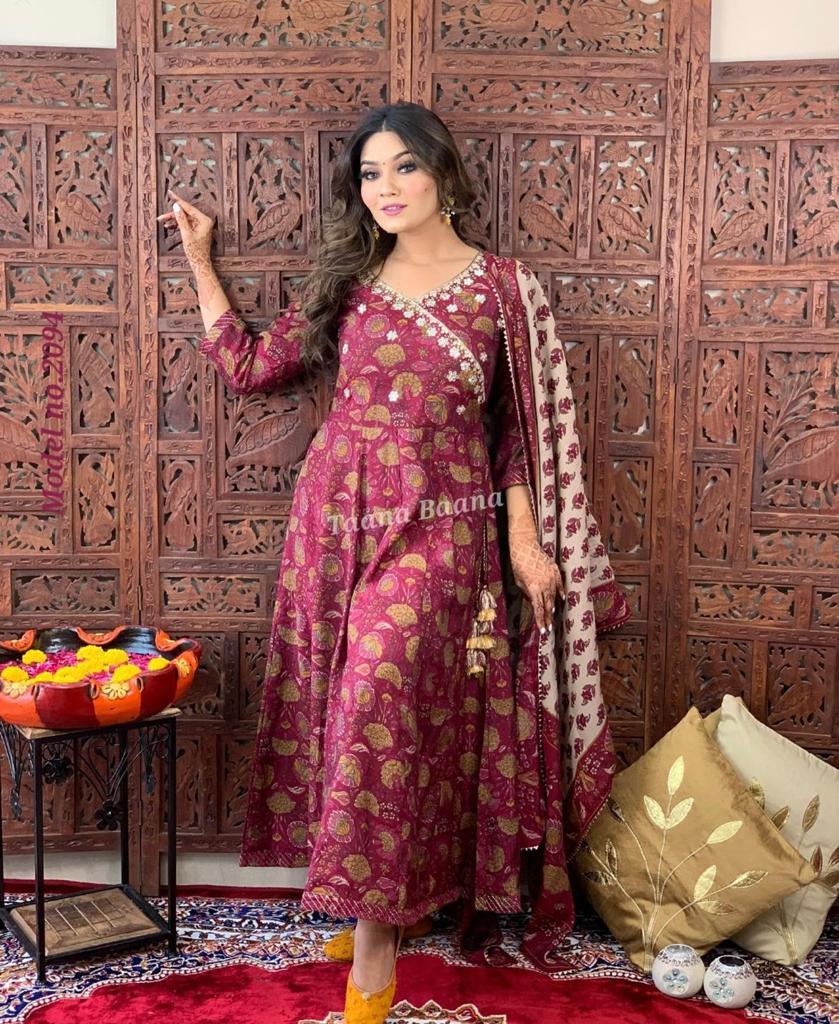 Saffron Wine Anarkali Flared Kurti with Pant & Malmal Dupatta