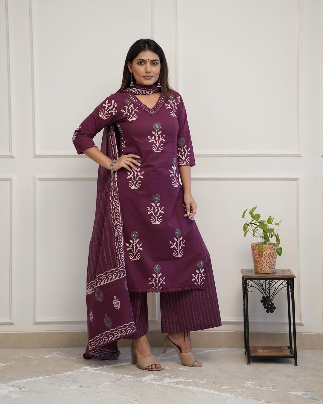 Wine Colored Cotton Kurti Palazzo Set with Lace & Sequence Work