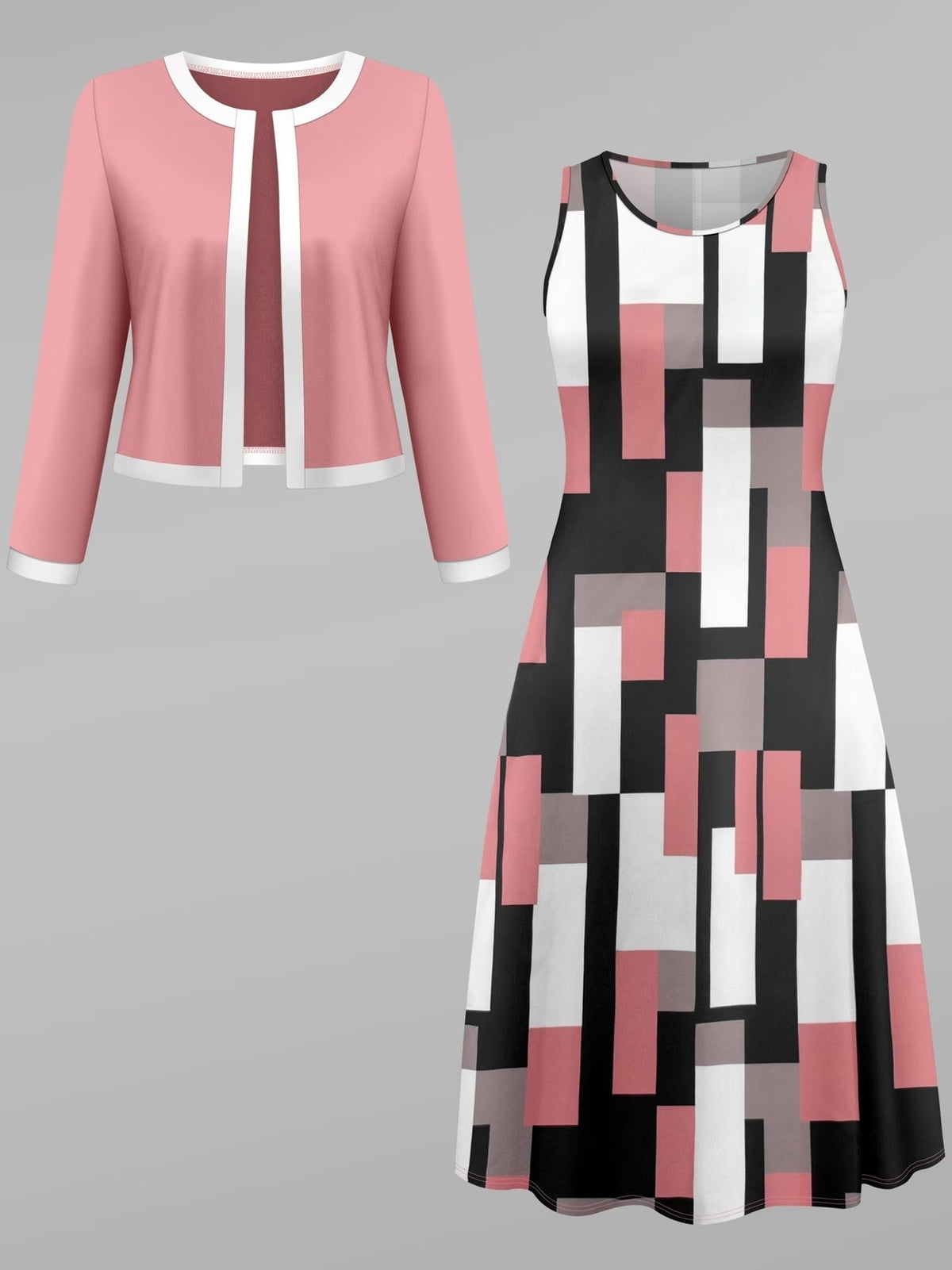 Elegant Geometric Print Dress with Stylish Color-Block Cardigan – Premium Two-Piece Women’s Set