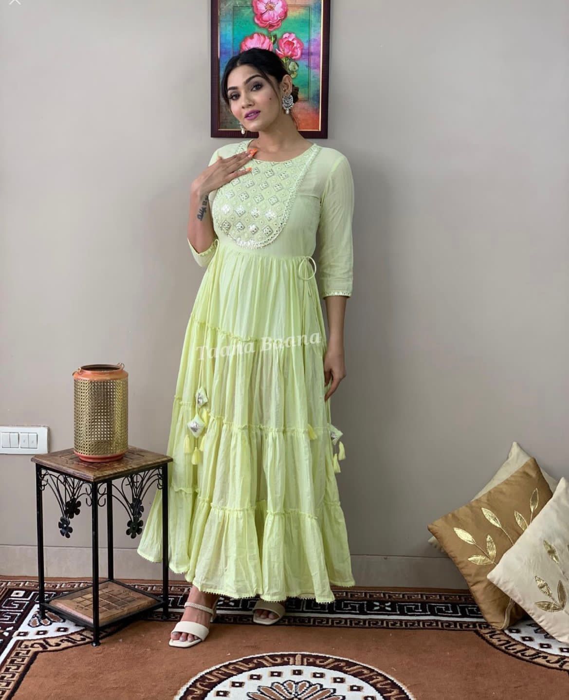Tiered Rayon Lurex Gown with Floral Embroidery and Tassel