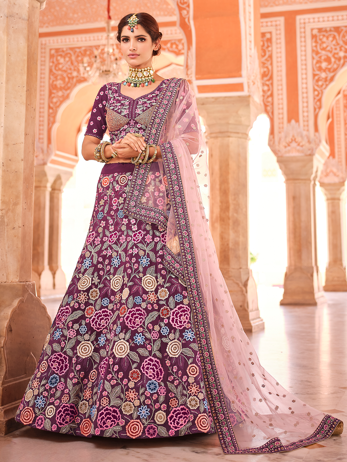 Purple Crepe Semi Stitched Lehenga With Unstitched Blouse