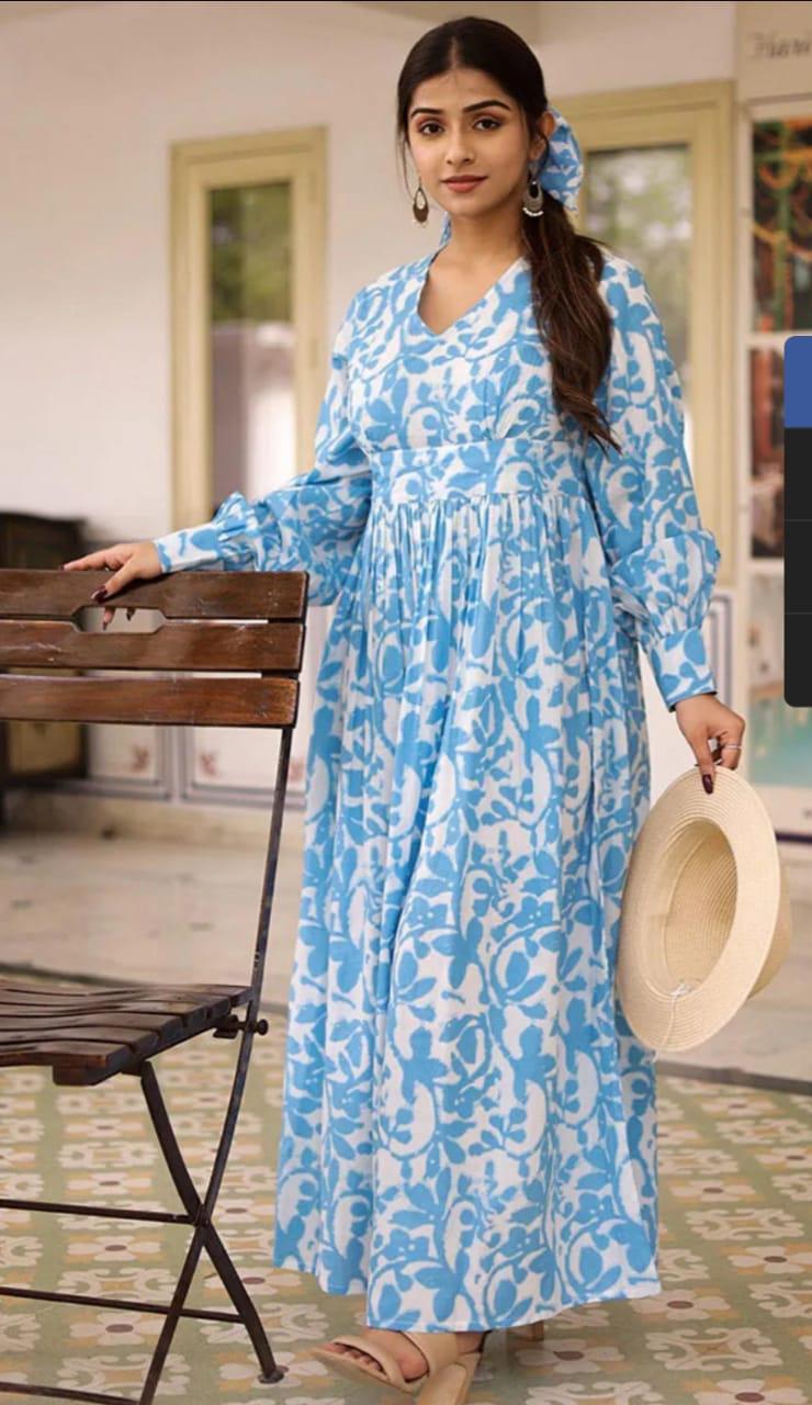 Sky Blue Tie and Dye Long Dress with All-Round Gather & Puffed Sleeves
