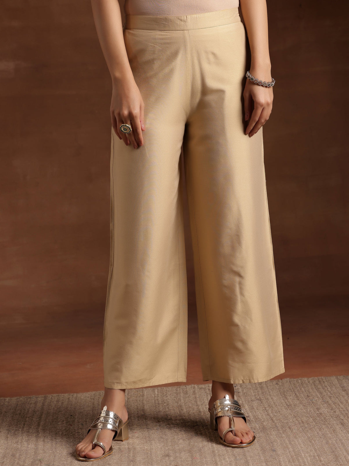 Anouk Beige Solid Silk Palazzos