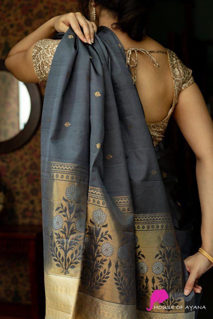 Tremendous Grey Soft Silk Saree With Elision Blouse Piece