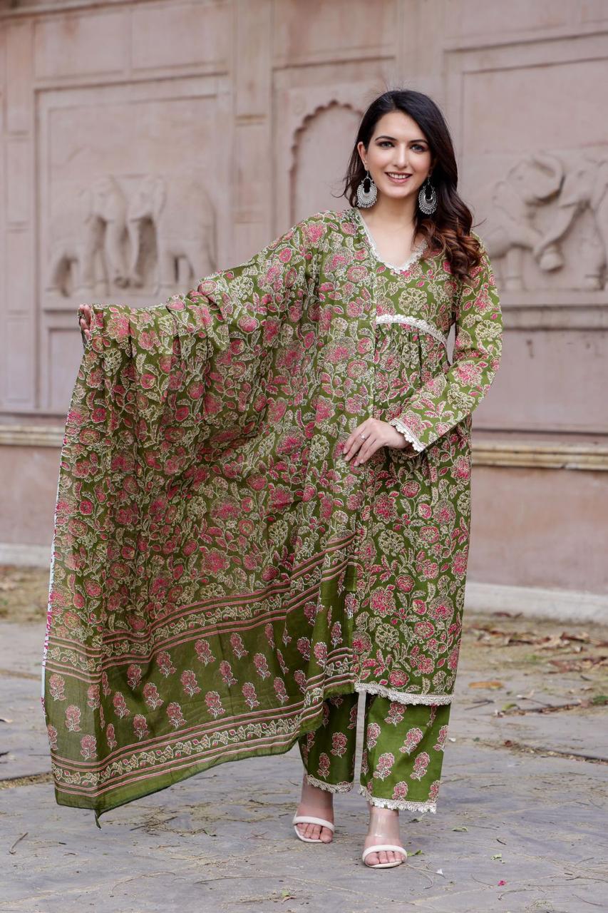 Elegant Green Cotton Alia Cut Anarkali Kurti Set with Gotta Lace Detailing and Cotton Dupatta