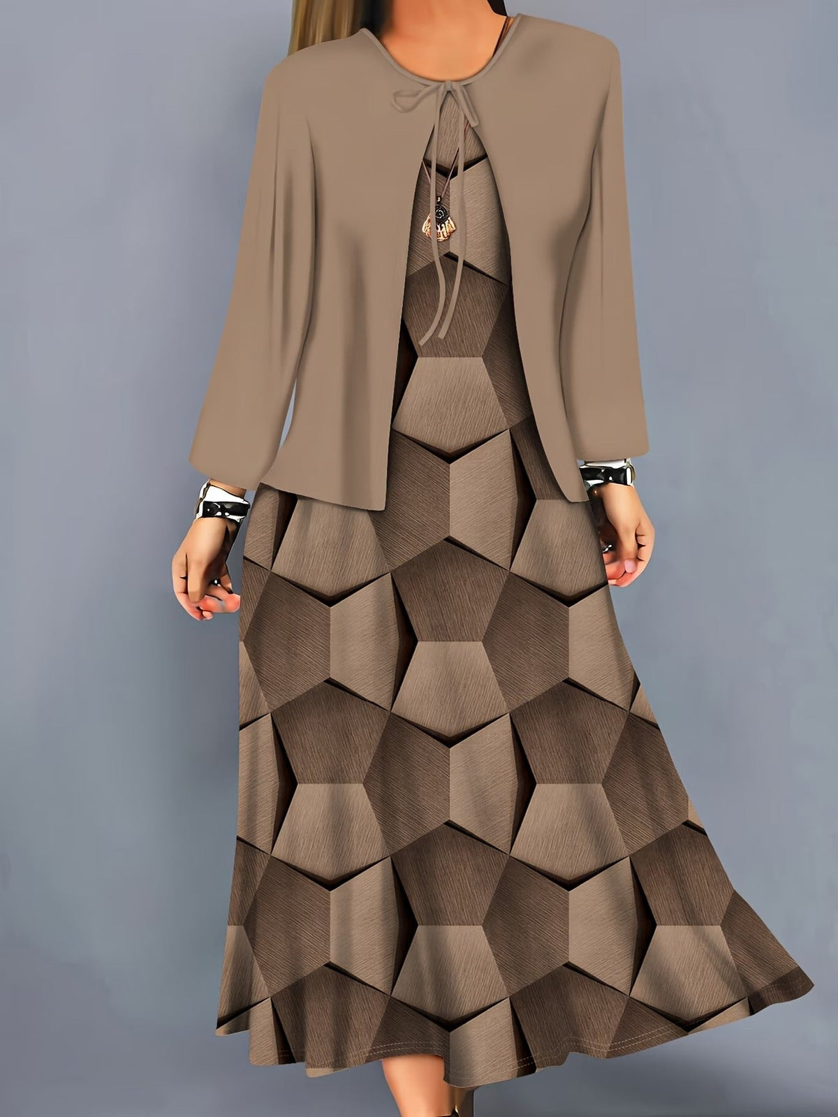Elegant Layered Two-Piece Midi Dress Set with Tie-Front Cardigan – Flowy Printed Everyday & Occasion Wear
