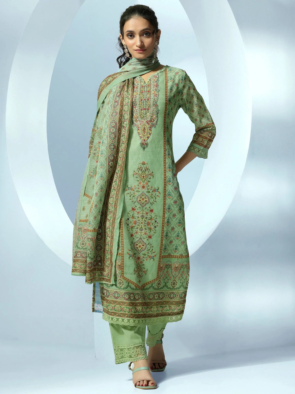Anouk Green Printed Cotton Blend Straight Suit With Dupatta