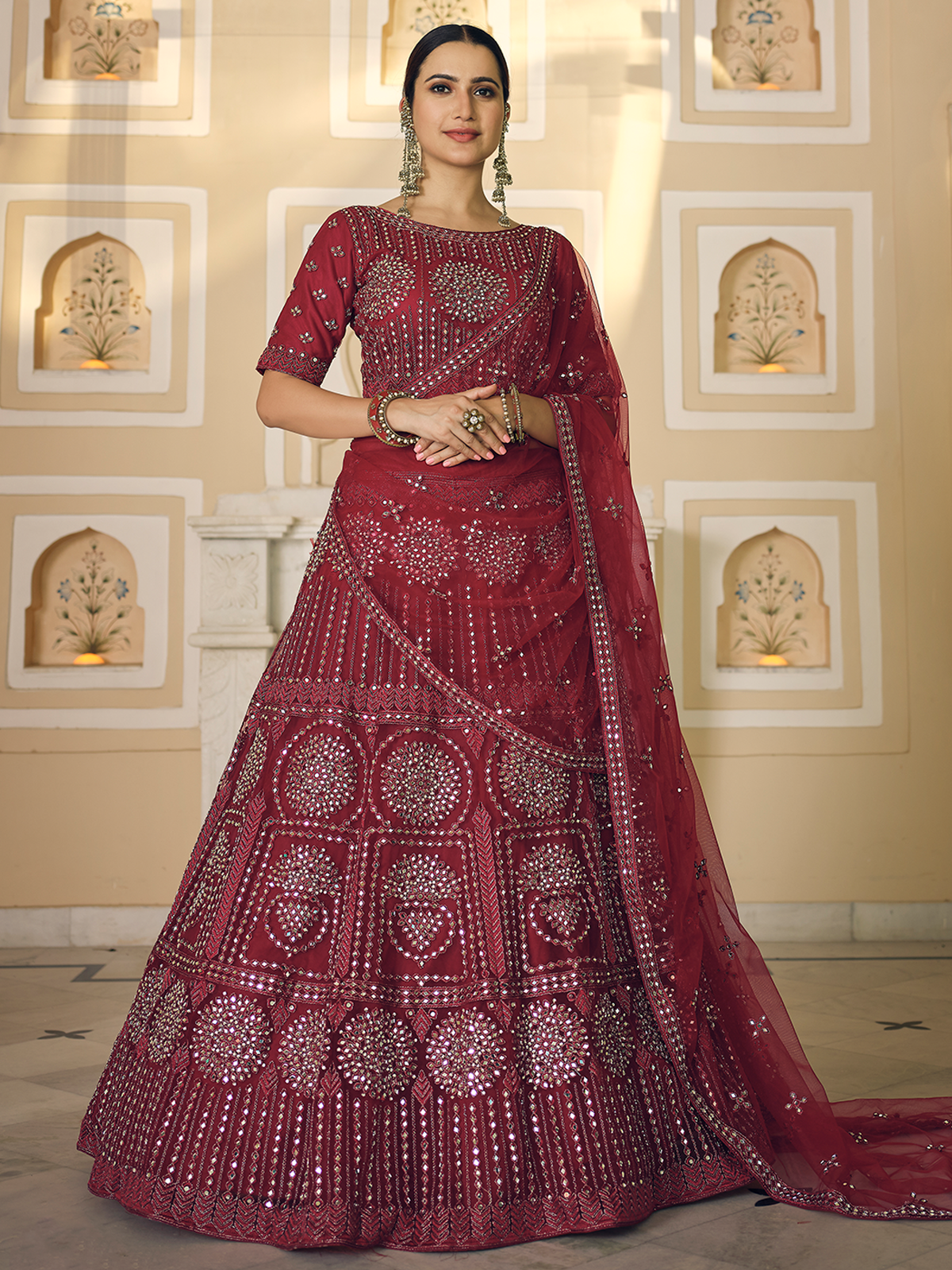 Maroon Soft Net Semi Stitched Lehenga With Unstitched Blouse