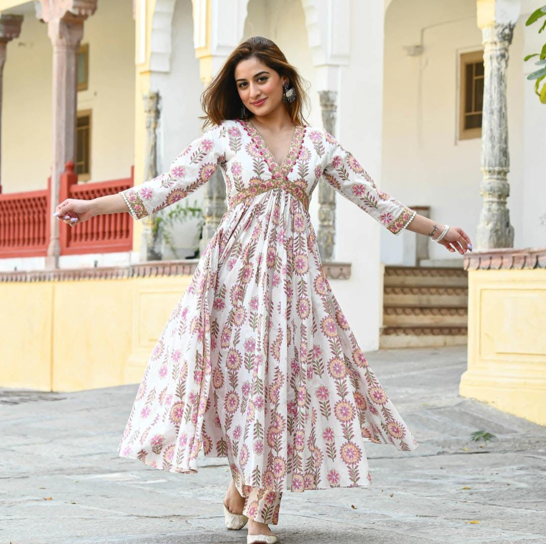 Hand Block Printed Cotton Kurta Set with Handwork