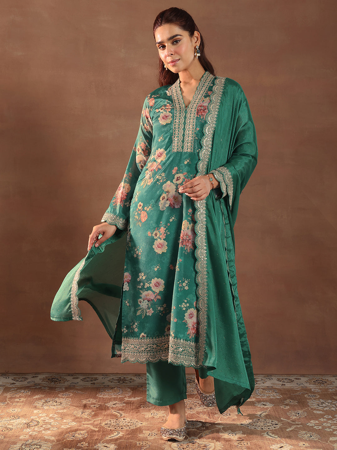 Anouk Green Printed Silk Blend Straight Suit With Dupatta