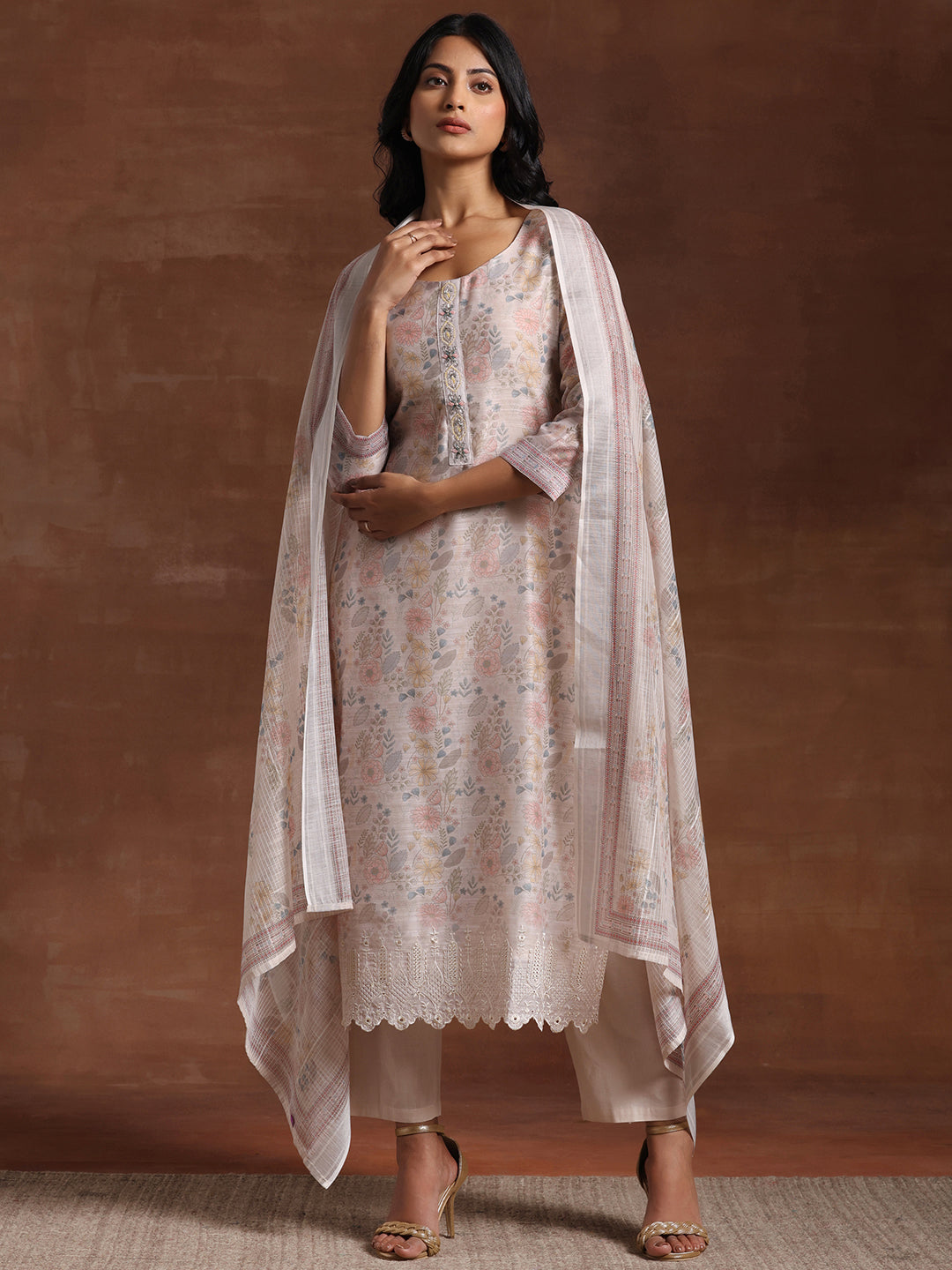 Anouk Beige Printed Chanderi Silk Straight Suit With Dupatta