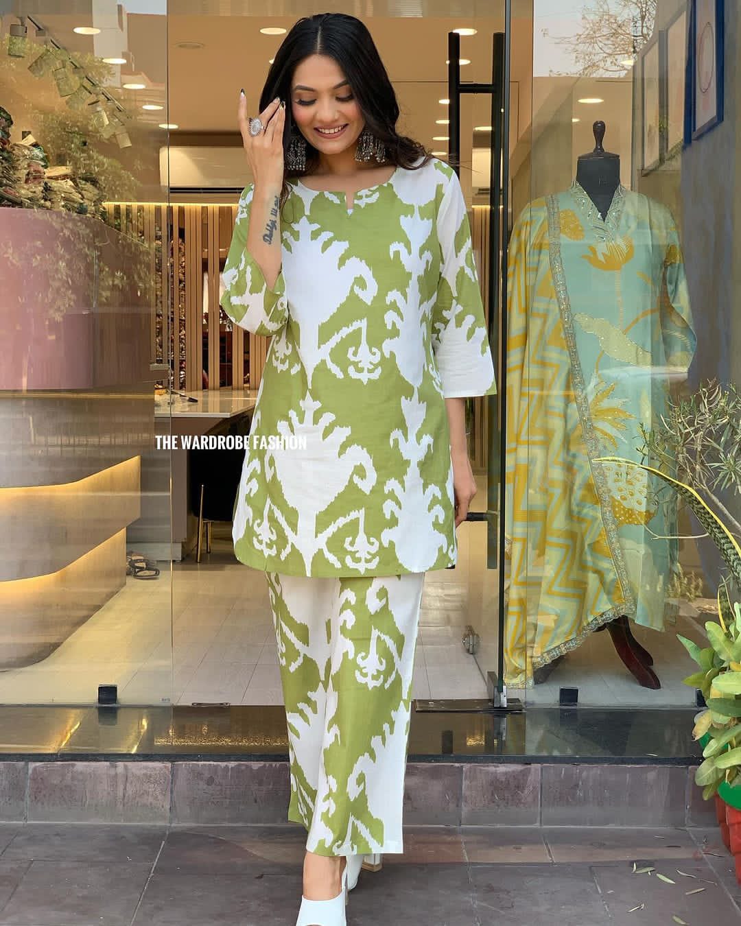 Green & White Cotton Kurti Palazzo Set