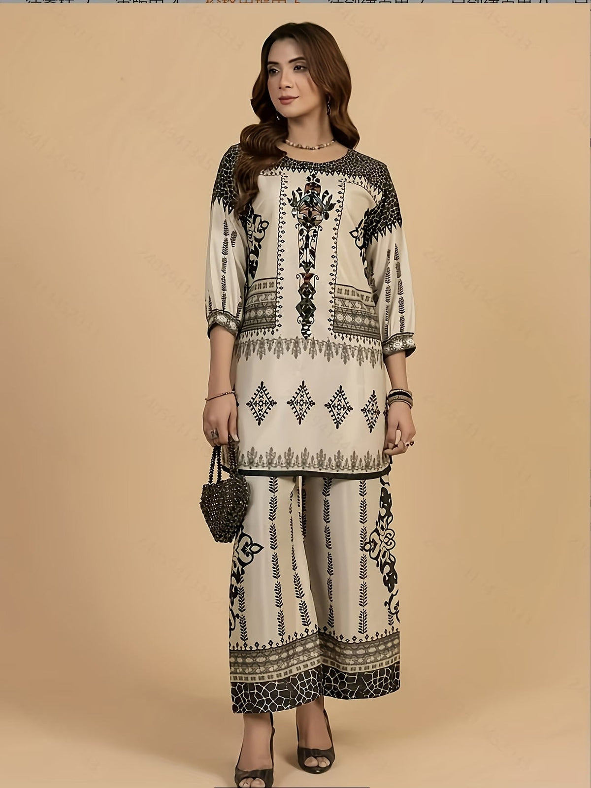 Women’s Traditional Totem Print Two-Piece Set – Grey Base Long-Sleeve Loose Top with Wide-Leg Pants (Elegant Middle Eastern & South Asian Style