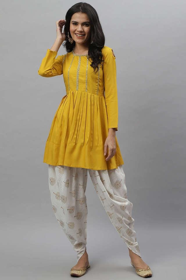 Lacework Cut Shoulder Top and Printed Dhoti Set in Rayon