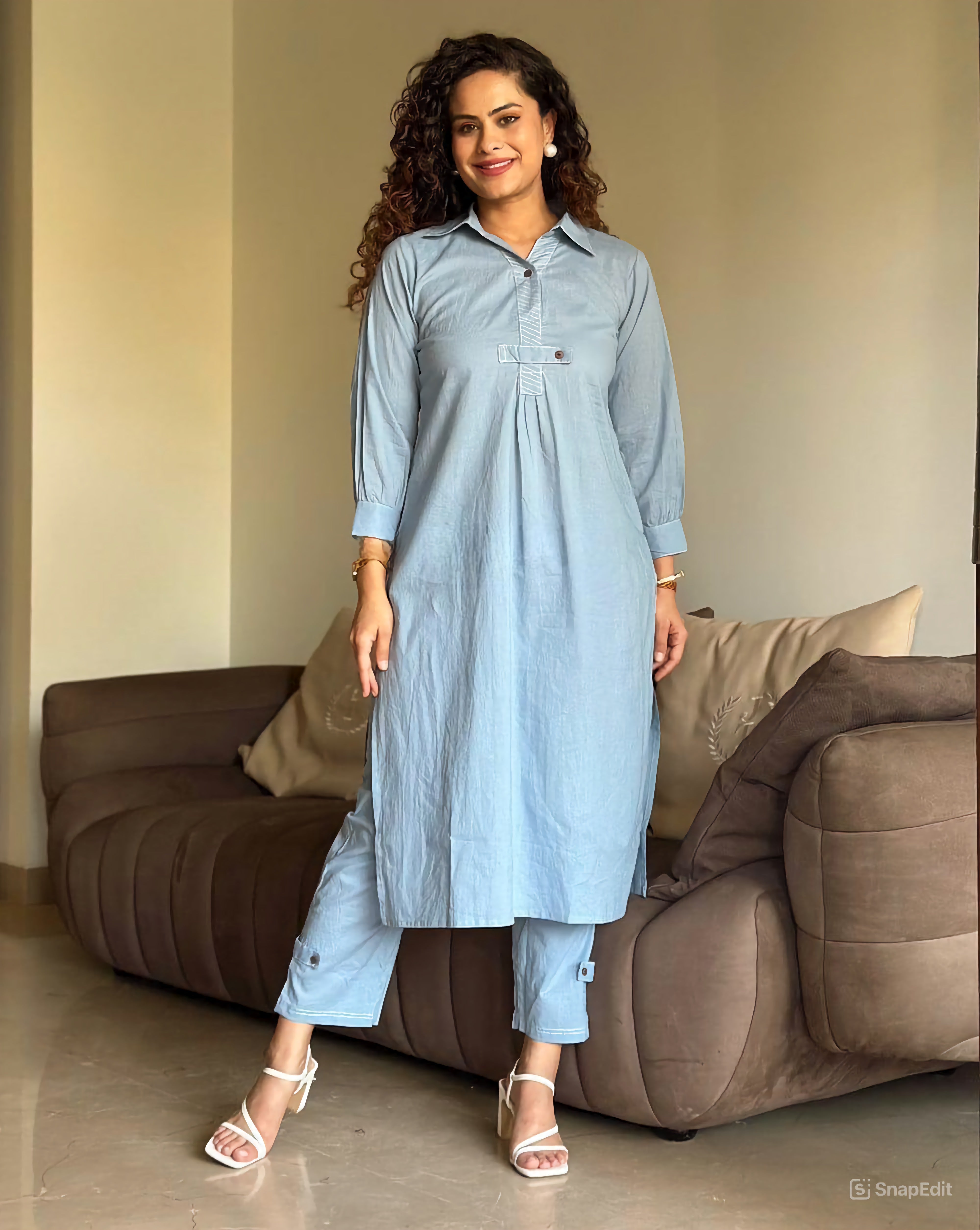 Cotton Flex Collar Co-Ord Set - Kurti Length 45 Inches