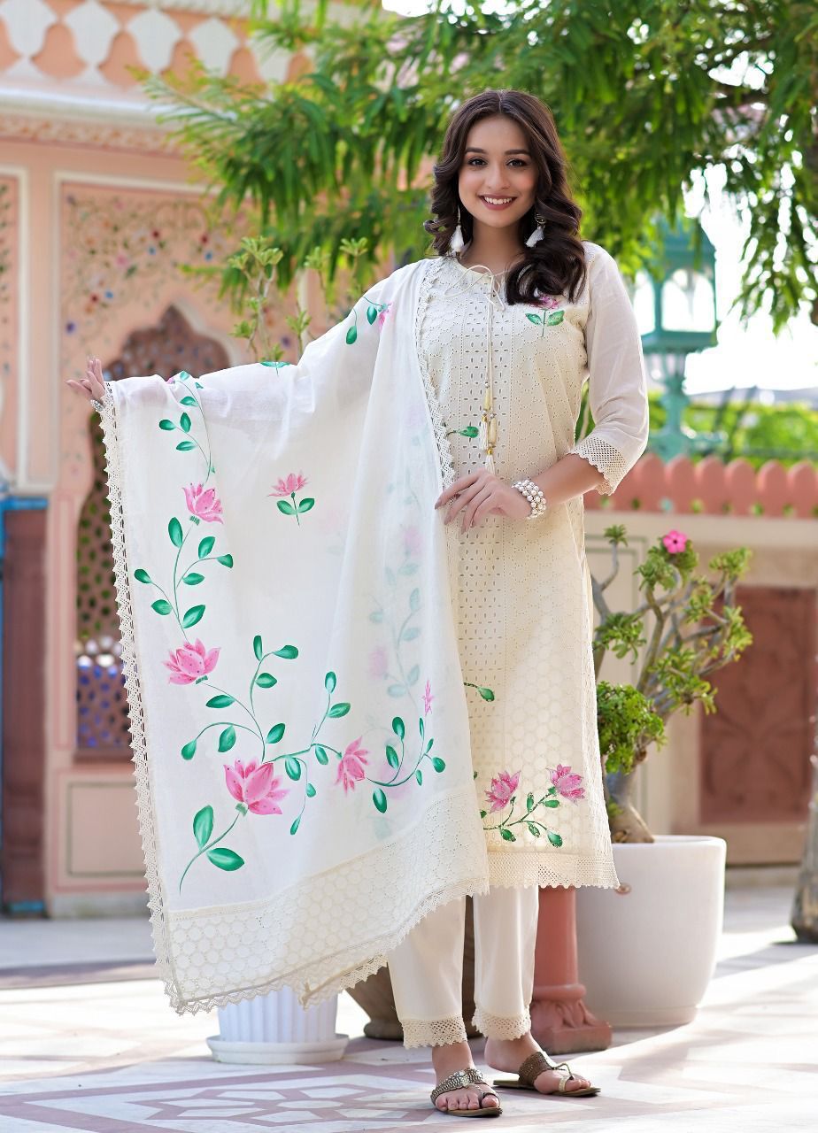 Elegant Off-White Hand-Painted Chicken Shifli Kurti Set with Mulmul Dupatta