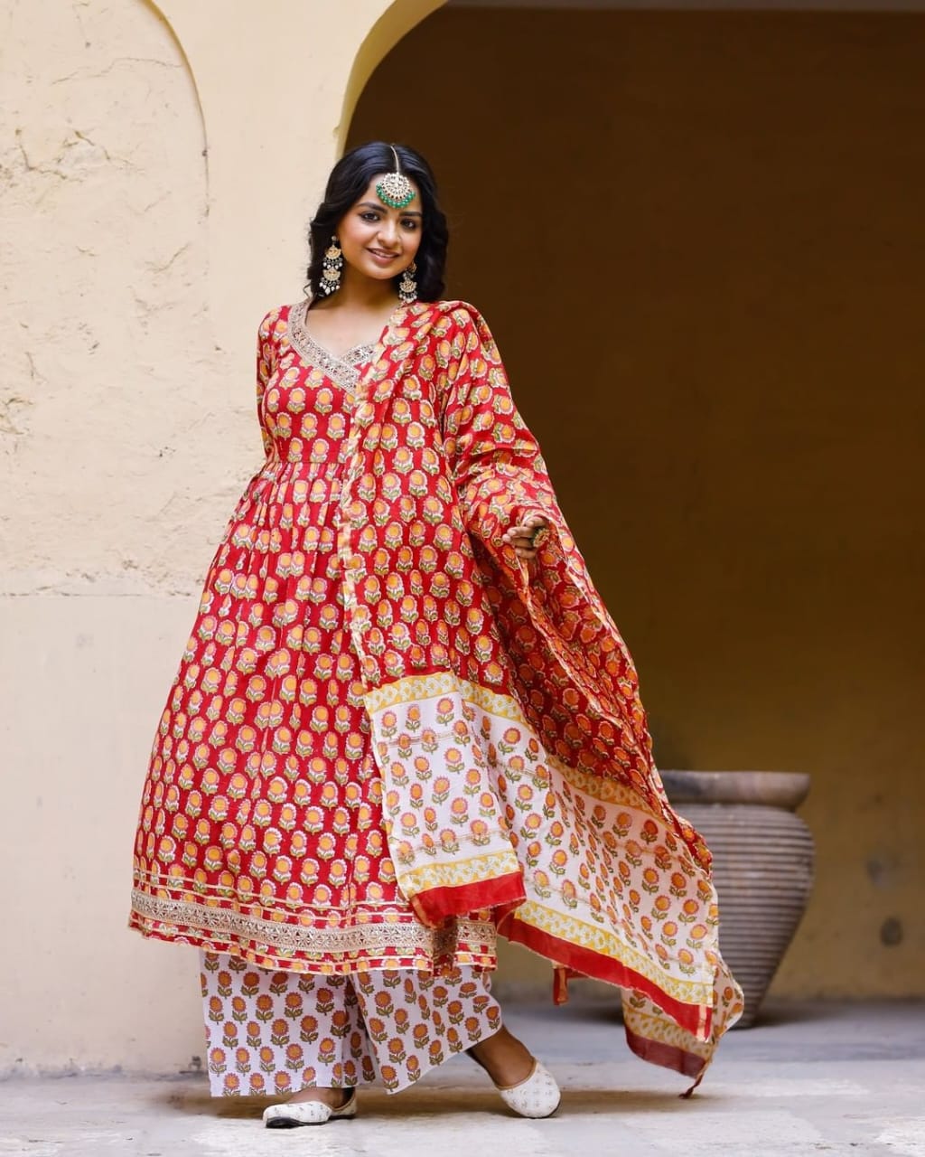 Red Hand-Block Printed Pakistani Suit with Gota Lace Work