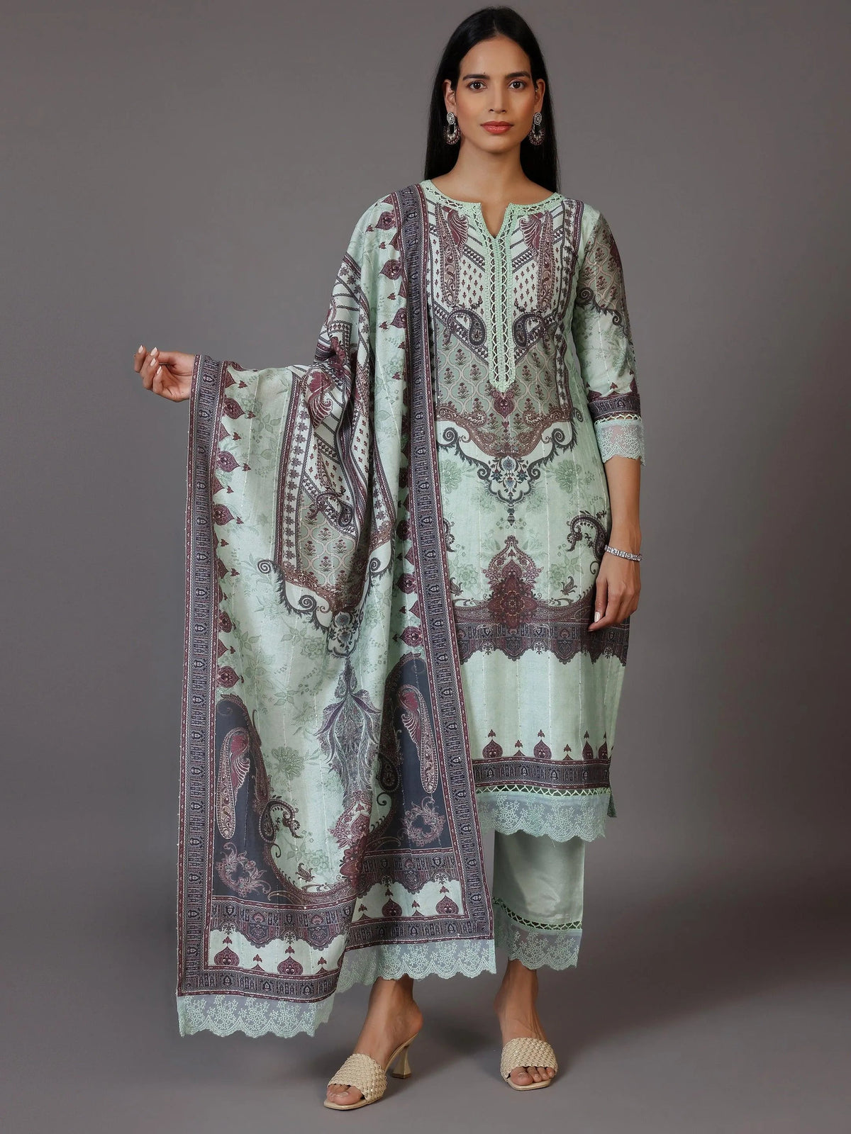 Anouk Green Printed Silk Blend Pakistani Suit