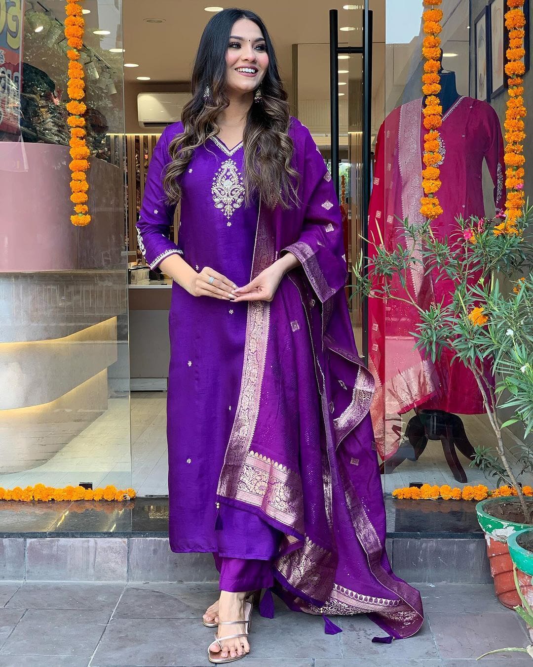 Purple Mirror Work Suit Set in Banana Cotton Silk