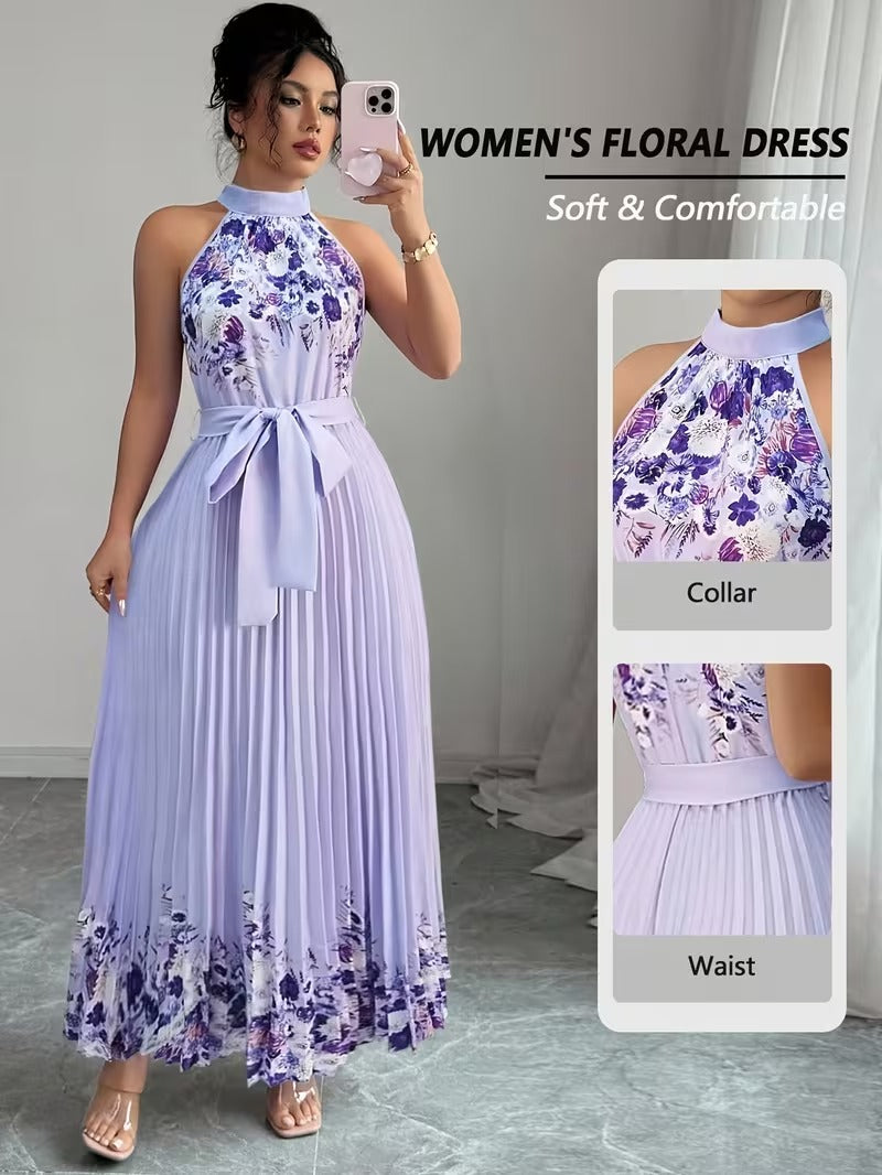 Elegant Floral Halter Neck Pleated Dress – Stylish & Comfortable Summer Outfit for Women