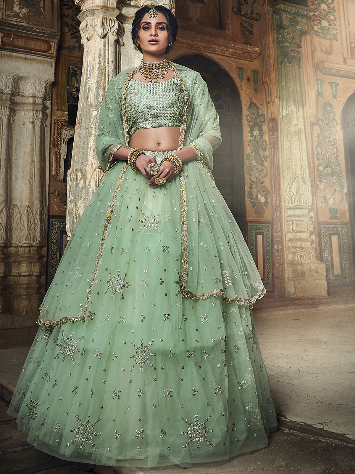 Sea Green Sequins, Zari Semi Stitched Lehenga With Unstitched Blouse