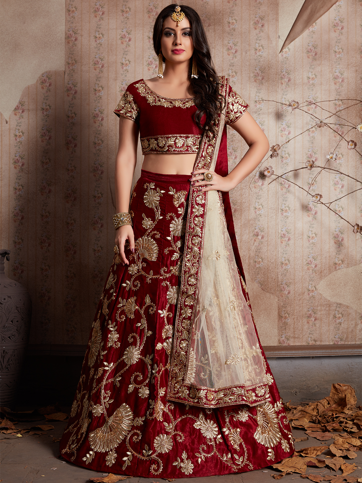 Maroon Embroidered Semi Stitched Lehenga With Unstitched Blouse