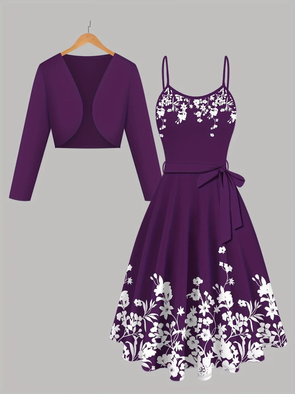 Women’s Floral Lace Slip Dress with Purple Cardigan Jacket – Elegant 2 Piece Set