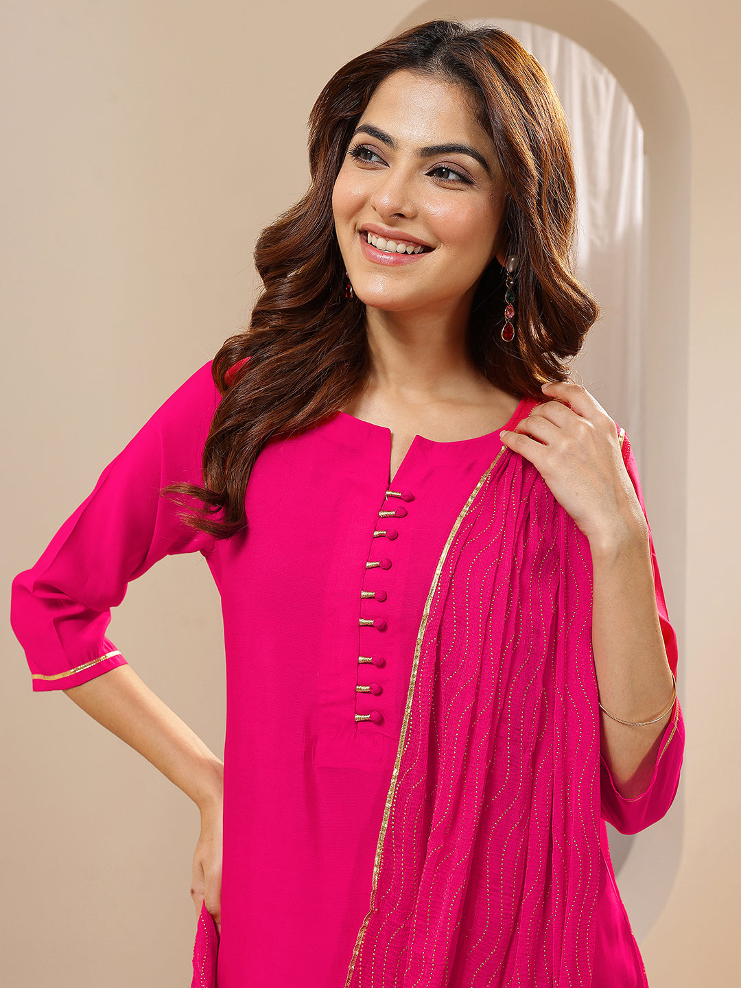 Anouk Pink Solid Silk Blend Straight Suit Sets With Dupatta